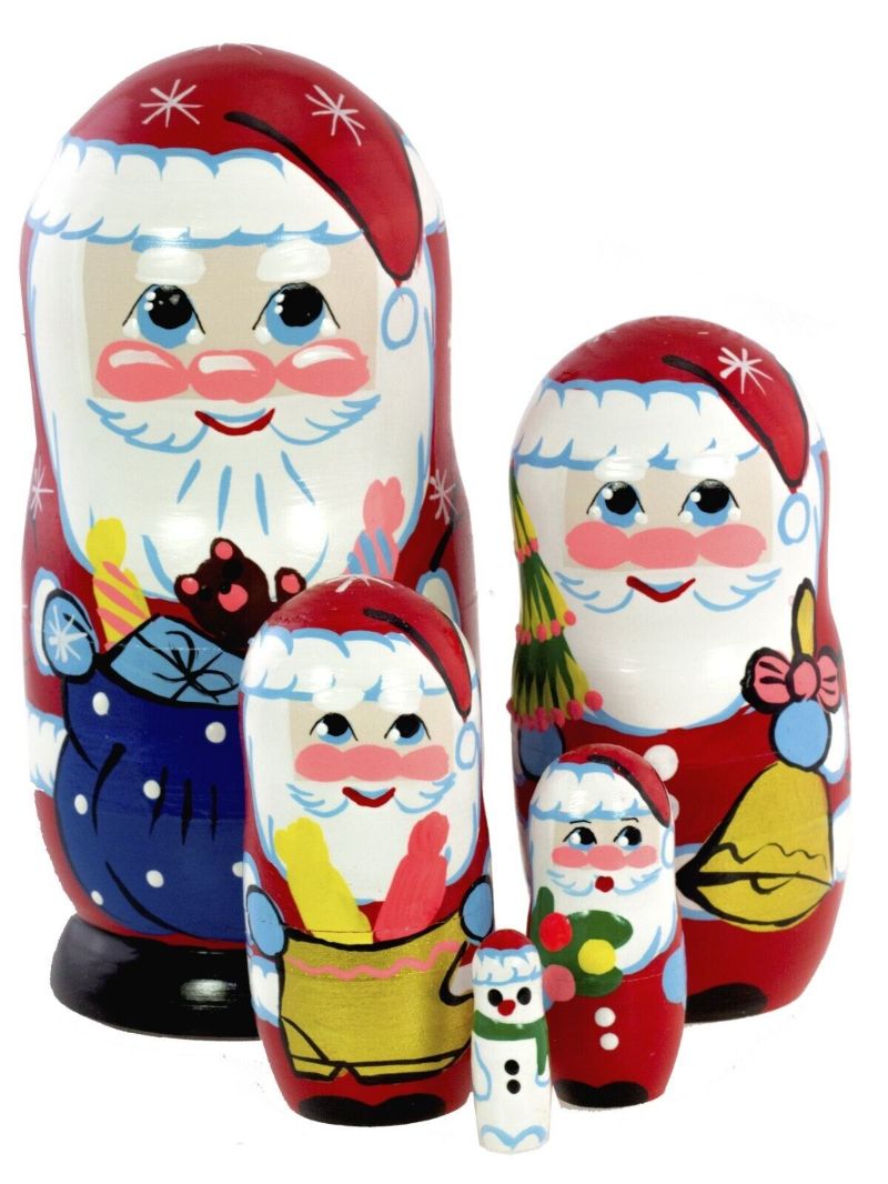  - Handgearbeiteter Santa Claus / Ded Moroz, Holz, 5-er Set, Unikat, 15 cm, # DW 908