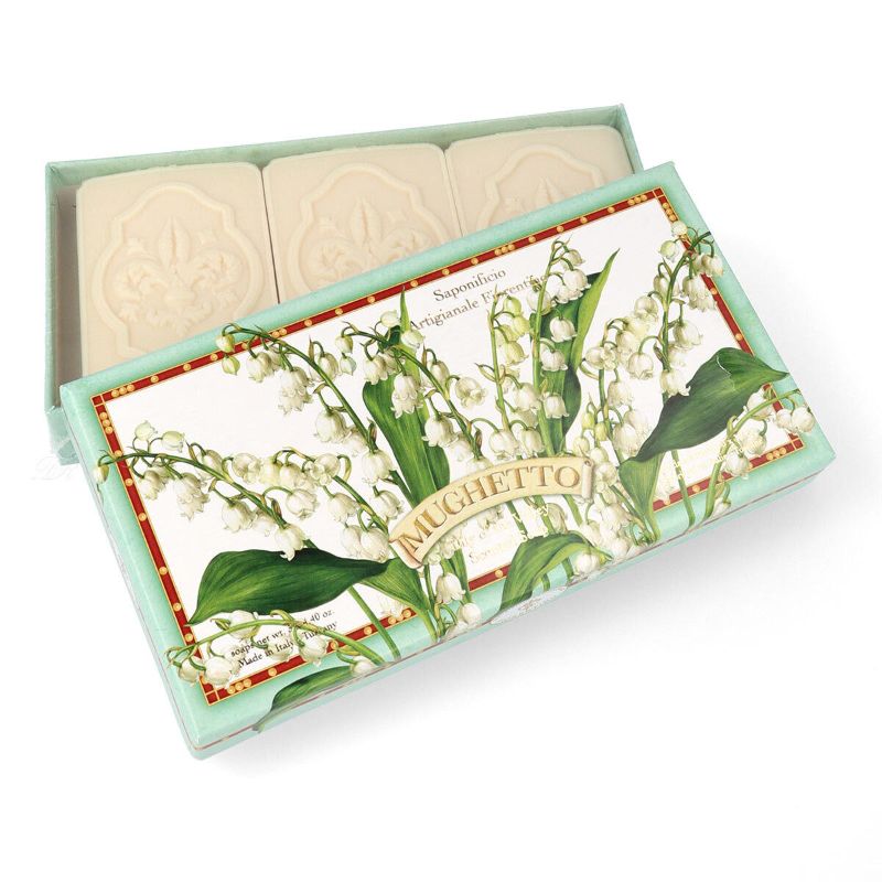  - Geschenkpackung mit 3 handgearbeiteten Bio-Maiglöckchen-Duft-Seifen aus der Toscana, 3 x 125 Gr. in stilvoller Schachtel 