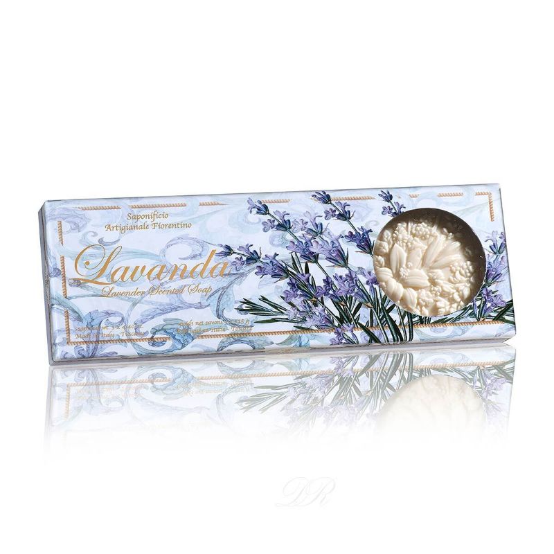  - Geschenkpackung mit 3 handgearbeiteten Bio-Lavendel-Duft-Seifen aus der Toscana, 3 x 125 Gr. in stilvoller Schachtel 
