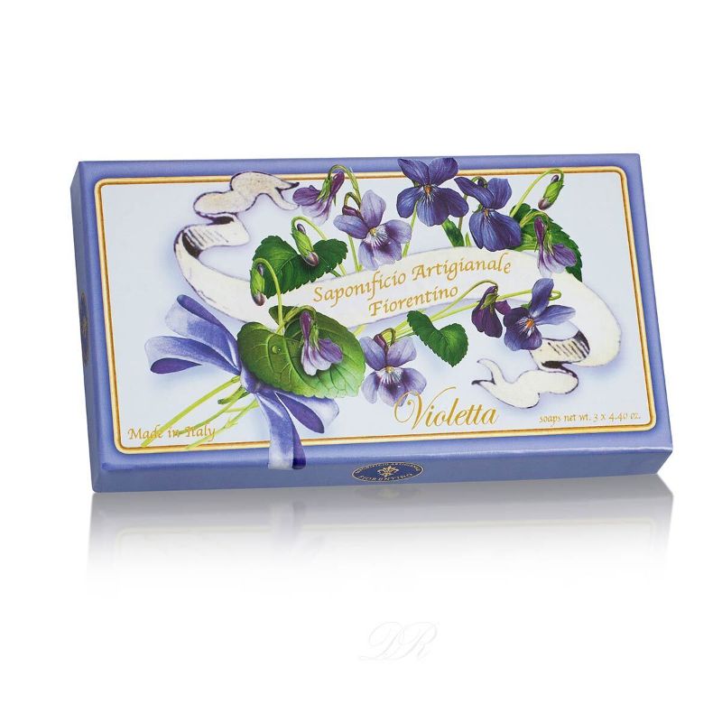  - Geschenkpackung mit 3 handgearbeiteten Bio-Veilchen--Duft-Seifen aus der Toscana, 3 x 125 Gr. in stilvoller Schachtel