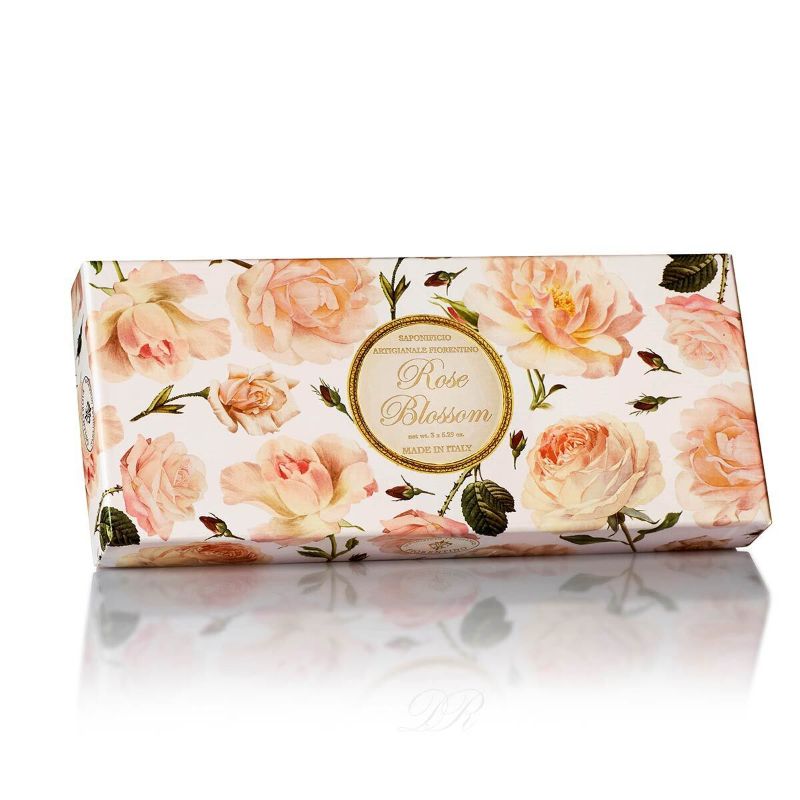  - Geschenkpackung mit 3 handgearbeiteten Bio-Rosen--Duft-Seifen aus der Toscana, 3 x 100 Gr. in stilvoller Schachtel