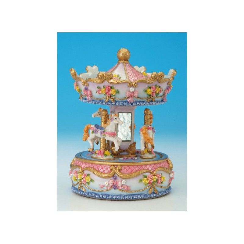  - Handgearbeitete Spieluhr Karussel mit Spiegel, 3 Pferdchen, bunt, 16,5 x 11 cm, # 1436