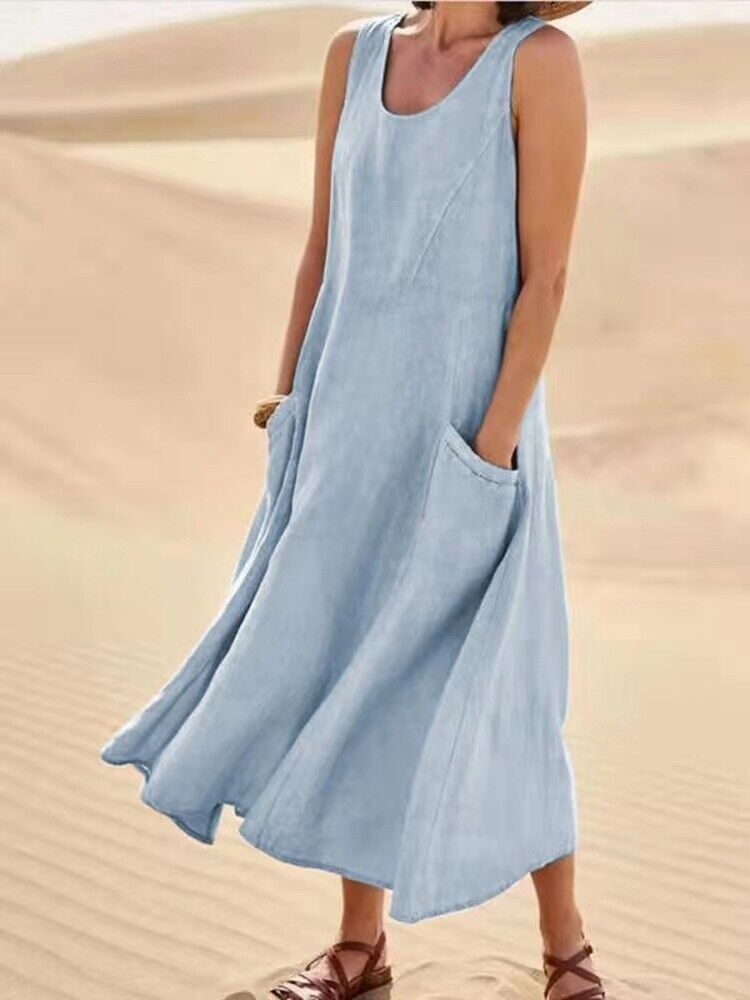  - Damen-Sommer-Leinenkleid mit 2 Taschen, neu, 36-38, himmelblau