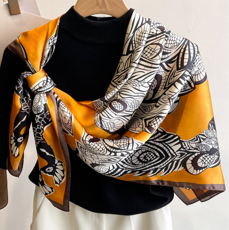 Damen Designer-Sommer-Seidentuch/Hals-Kopftuch, orange-weiß, 110x110 cm, # IKA 121