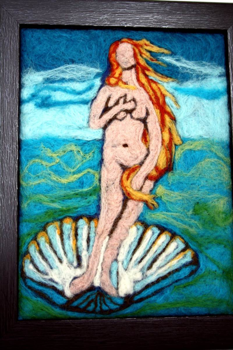  - Handgefilztes Bild, die Geburt der Venus mit Rahmen