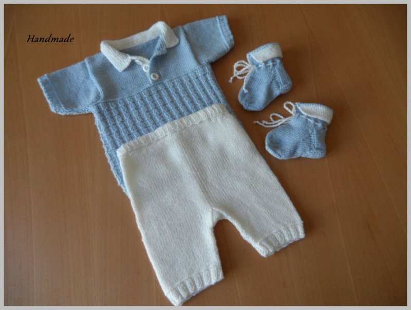  - Handgestricktes Neugeborenen-Set für Jungen, 3-teilig, Blau/Weiß