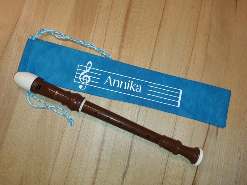  - Flötentasche mit Namen, Flötenbeutel - Blau melange (mit optionalen Zubehörfach / Fütterung / Halskordel)