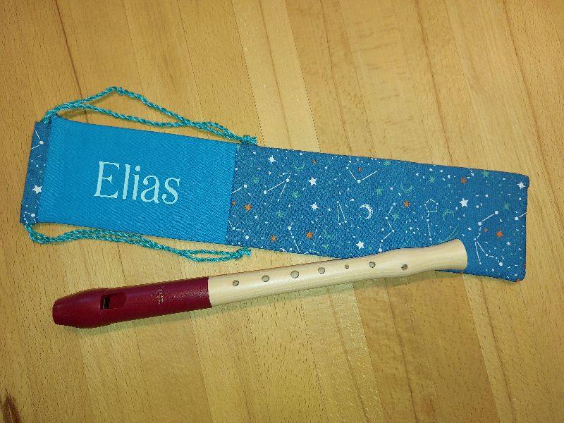  - Flötentasche mit Namen, Flötenbeutel personalisierbar - Weltall blau (mit optionalen Zubehörfach / Fütterung / Halsband)