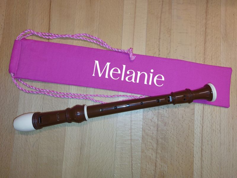  - Flötentasche mit Namen, Flötenbeutel - Pink melange  (mit optionalen Zubehörfach / Futter / Halsband) 