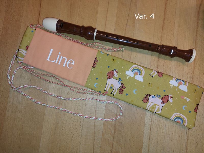 - Flötentasche mit Namen, Flötenbeutel - Einhorn & Regenbogen Motive grün (mit optionalen Zubehörfach / Fütterung/Halskordel)