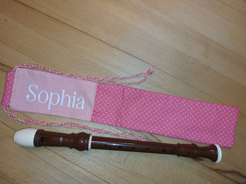  - Flötentasche mit Namen, Flötenbeutel - Rosa weiße Dots (mit optionalen Zubehörfach / Futter / Halsband)