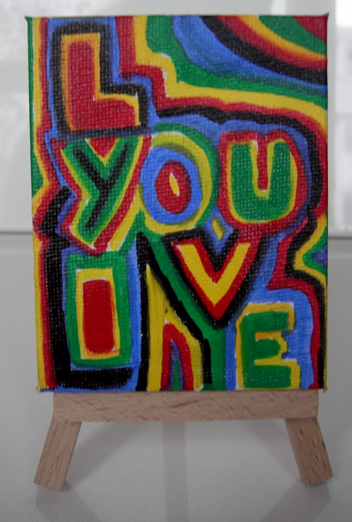  - Acrylbild I LOVE YOU Acrylmalerei Herzbild abstrakte Malerei Minibild Keilrahmen Staffelei Geschenk Vatertag Muttertag Valentinstag 