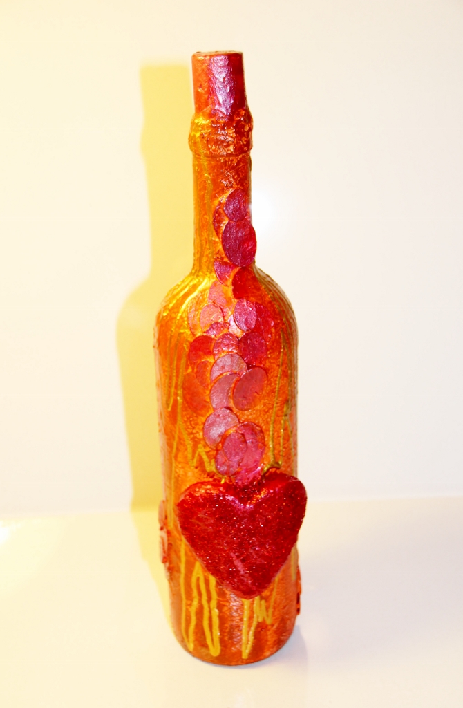  - Dekoflasche DRACHENHERZ Upcycling Flasche Flaschenkunst Dekoration Collage Geldgeschenk zum Muttertag  Valentinstag