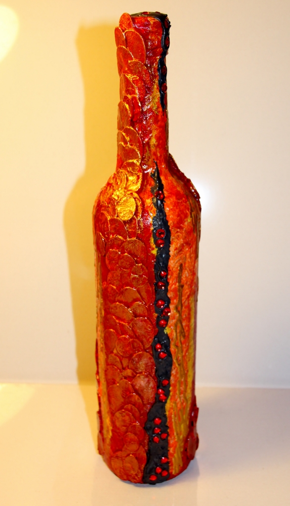  - Dekoflasche DRACHENFEUER Upcycling Flasche Flaschenkunst Dekoration Collage  Herbstdeko 