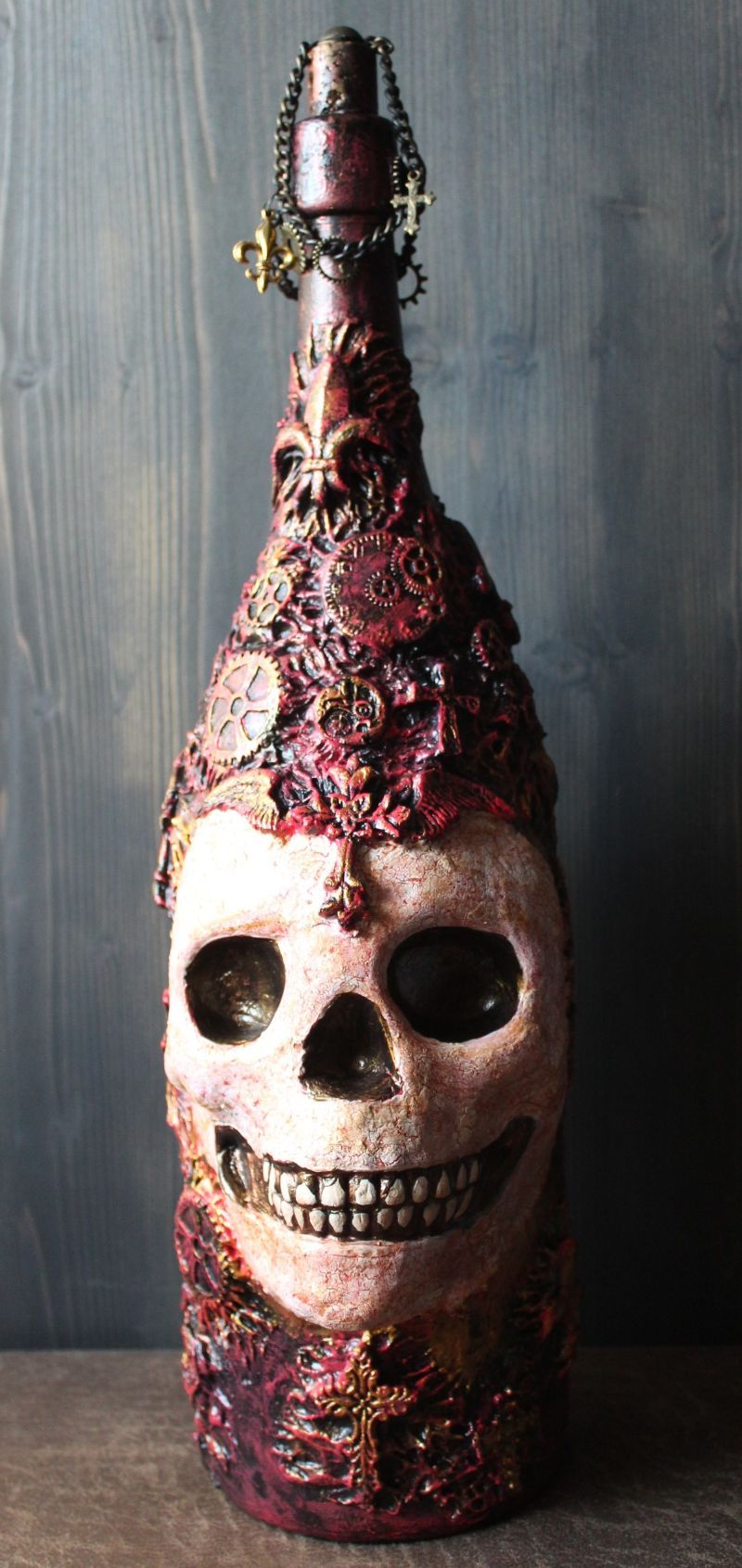  - Totenkopf NEWBORN Acrylmalerei auf einer Glasflasche Gothic Steampunk Skull Schädel Geschenk für Männer Upcycling Deko Bikergeschenk