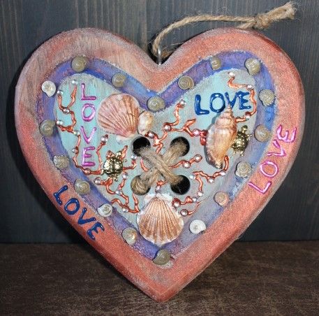  - Geschenk Valentinstag LOVE abstrakt maritim gestaltetes Herz aus Holz mit Acrylfarbe im Shabby-Stil bemalt