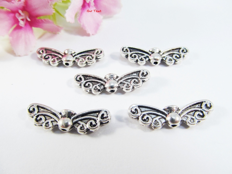  - 10 Flügel Perlen 'Schmetterling', Farbe silber antik