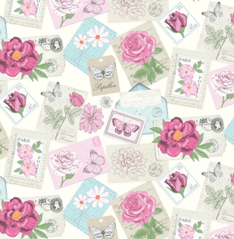  - 50cm Baumwollstoff 100% Baumwolle Meterware Kinderstoff Hergestellt nach ÖkoTex100 Rosen, Blüten und Schrift Rosa Postkarten