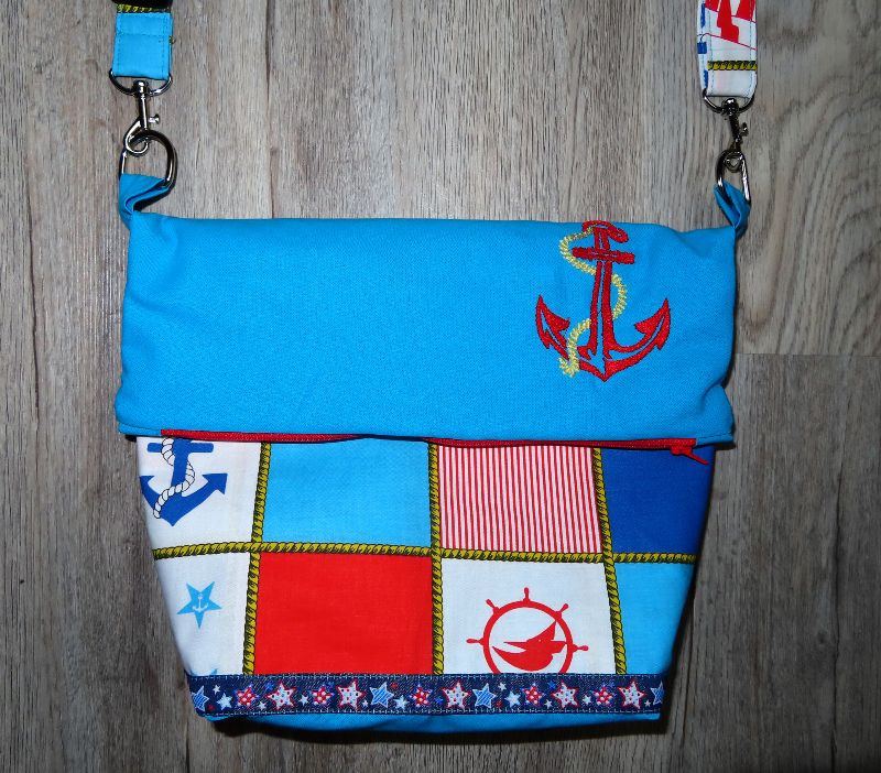 - Handtasche Umhängetasche Folovertasche Bestickt Maritim Anker Baumwolle Handmade Unikat Einzelstück 