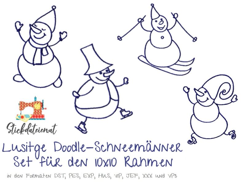  - Stickdatei Doodle-Schneemann Set, Stickvorlage Winterzeit, Maschinensticken Weihnachten Set, Sofortdownload Stickdatei-Set 10x10