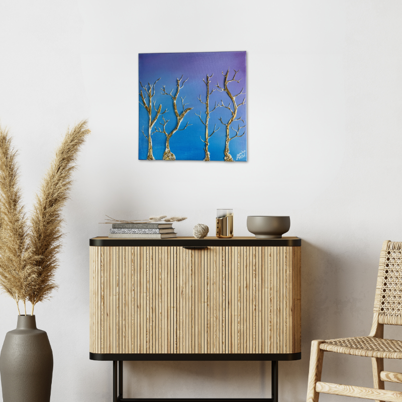  - Einzigartiges abstraktes Gemälde mit Bäumen in Blau und Gold. Die quadratische Leinwand hat 40cm und ist eine schöne Wanddekoration in wohnzimmer, Schlafzimmer oder Esszimmer.