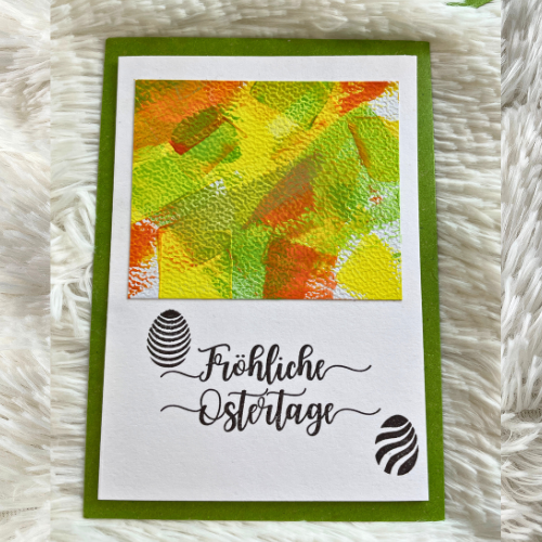  - Handgefertigte Osterkarten in Gelb, Orange und Grün mit Ostereiern Eine handgemalte Karte zum Osterfest
