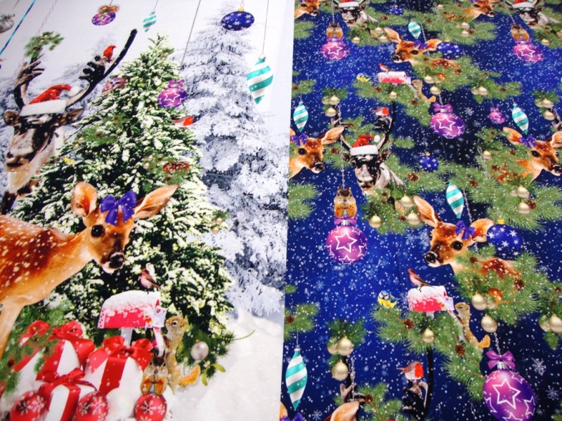  - Weihnachts-Panel Digitaldruck Jersey Stoff Rehkitz, Hirsch, Kugeln blau Muster Panel ca. 0,95m/1,50m Weihnachtsstoffe kaufen Coupon Rehkitz 