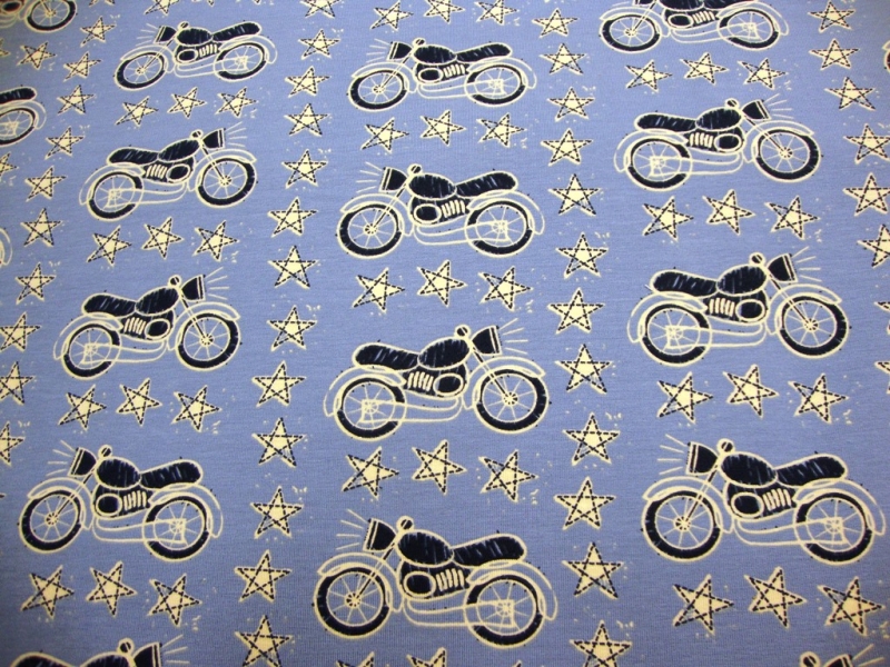  - Baumwoll-Jersey Motorräder und Sterne jeansblau kaufen Meterware Jersey