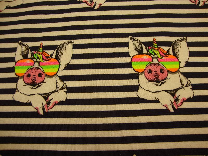  - Baumwolljersey cooles Einhorn Schweinchen gestreift marine mit Brille neon kaufen Meterware Neonfarbe
