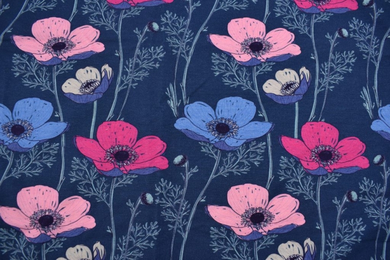  - French Terry Druck Sommersweat – Big Flowers – KATINOH rosa pink hellblau auf blau weiss kaufen Blumen auf blau Mädchen und Frauen Meterware