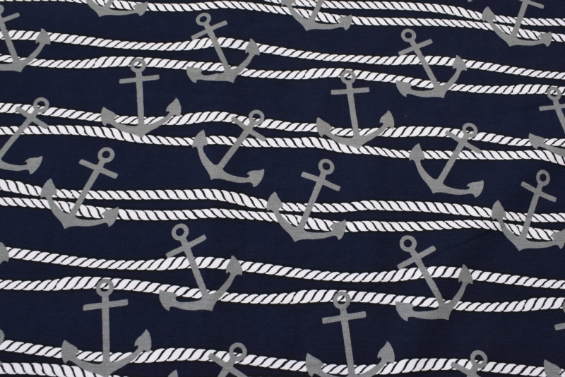  - Sweat French Terry Druck Anker & Seil – Premium Collection maritim weiße Seile grauer Anker auf dunkelblau Meterware kaufen