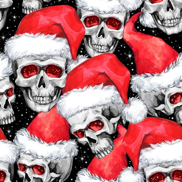  - Weihnachtsstoff Baumwolldruck Webware Xmas Totenkopf mit Nikolausmütze Skulls Totenköpfe Skulis rot weiß auf schwarz auch für Stoffmasken Mütze kaufen Weihnachtsstoffe Meterware 