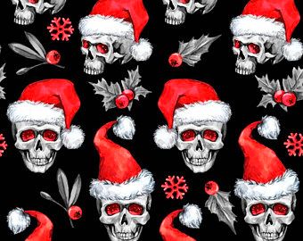  - Weihnachtsstoffe French Terry Sweat Totenkopf mit Nikolausmütze Skulls Weihnachtstotenköpfe Totenköpfe rot weiß schwarz Meterware kaufen