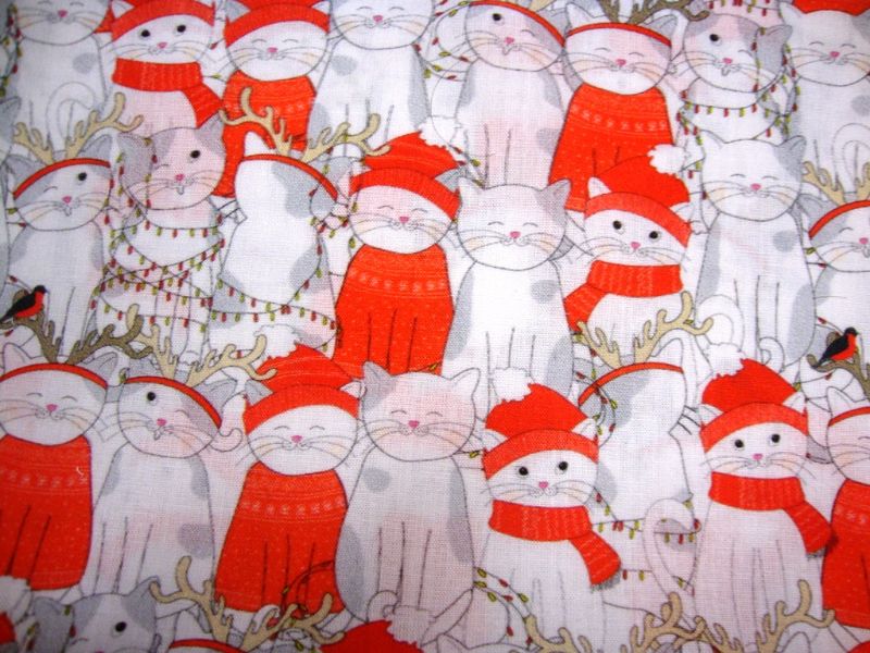  - Weihnachten-Stoffe Baumwolle Kätzchen im Winter Webware weiß rot Schal Mütze kaufen Weihnachtsstoffe Meterware 