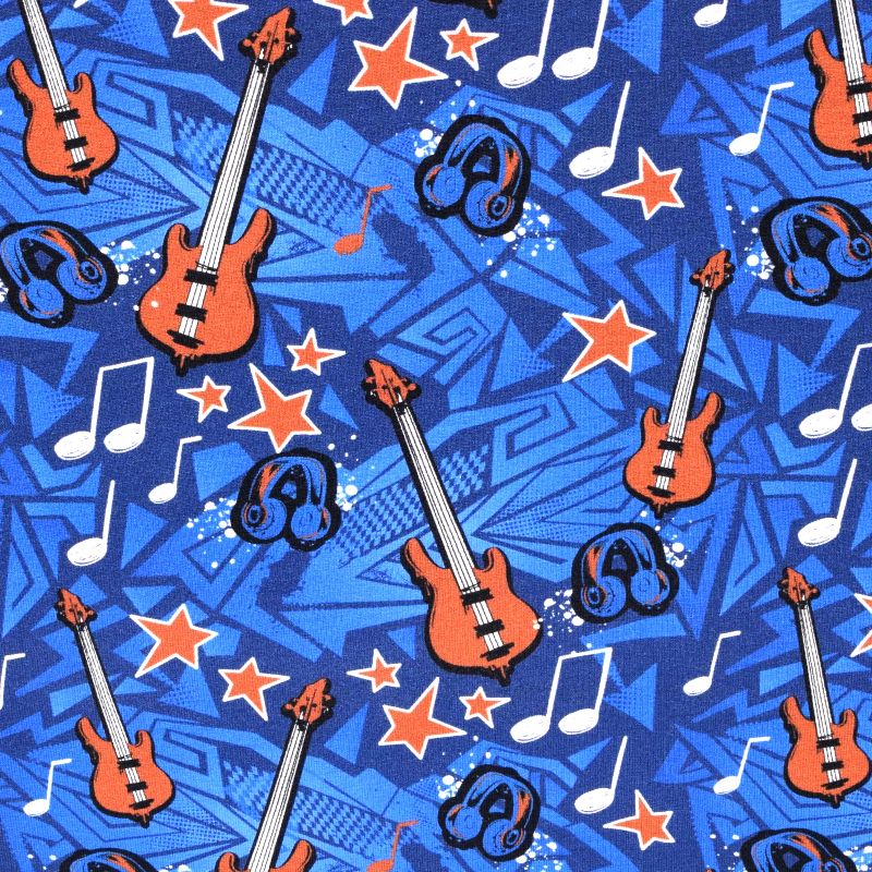  - French Terry Sweatdruck Sommersweat-Rock & Roll auf blau Rock Gitarre Bass Stoffe Limited Edition blau weiß schwarz Männer Jungs Jugendliche French Terry Meterware kaufen 