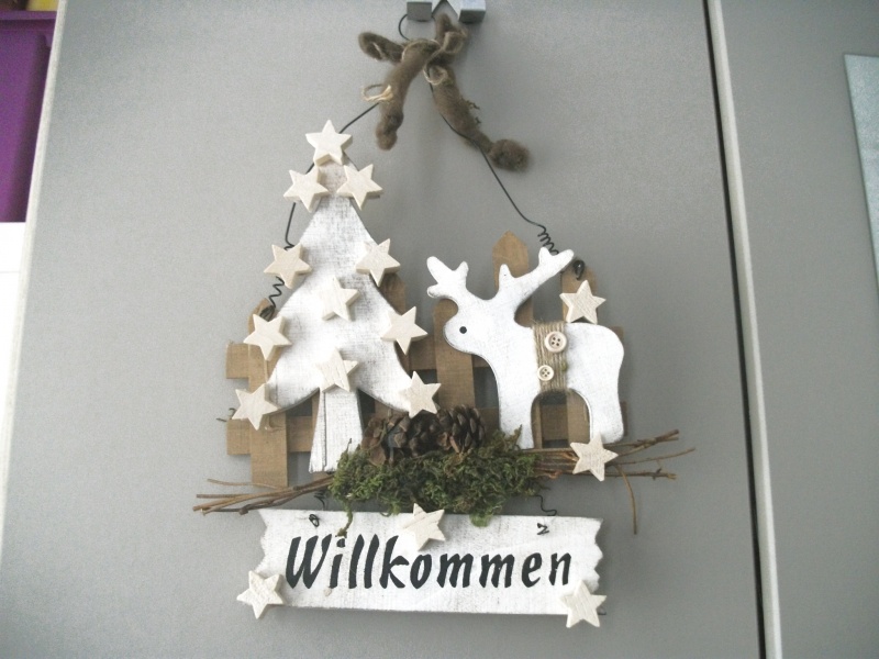  -  weihnachtliches Türschild, Willkommen, aus Holz mit Elch, rustikal, Geldgeschenk