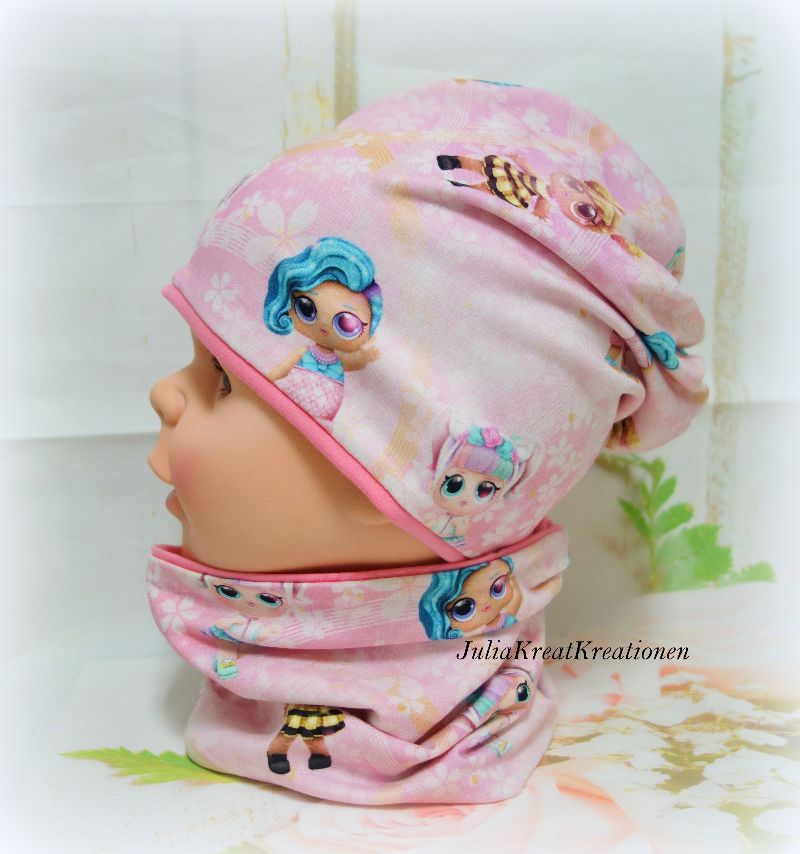  - Beanie Mütze Halssocke Haarband 3er Set Gr. 48-50 rosa Blumen Puppen Mädchen