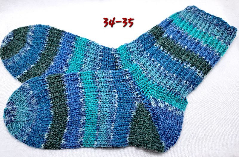  - handgestrickte Socken, Grösse 34/35, 1 Paar petrol-grau-blau gestreift, Sockenwolle mit Baumwollanteil 