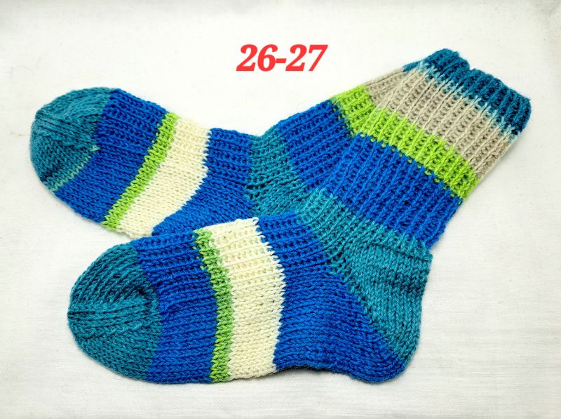  - 1 Paar handgestrickte Socken, Grösse 26-27, blau-grün-natur gestreift, Sockenwolle