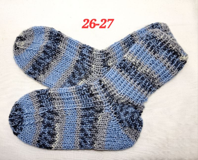  - 1 Paar handgestrickte Socken, Grösse 26-27, blau-grau gestreift, Sockenwolle 