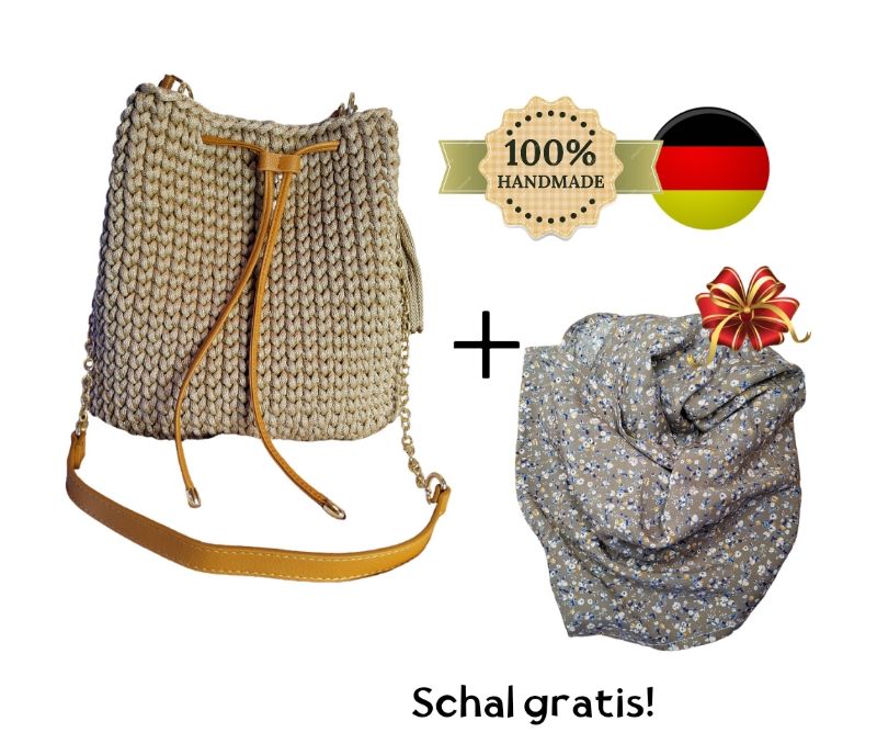  - handgemachte gehäkelte Tasche Torba Cappuchino mit Kettenriemen und Quaste, Schal gratis