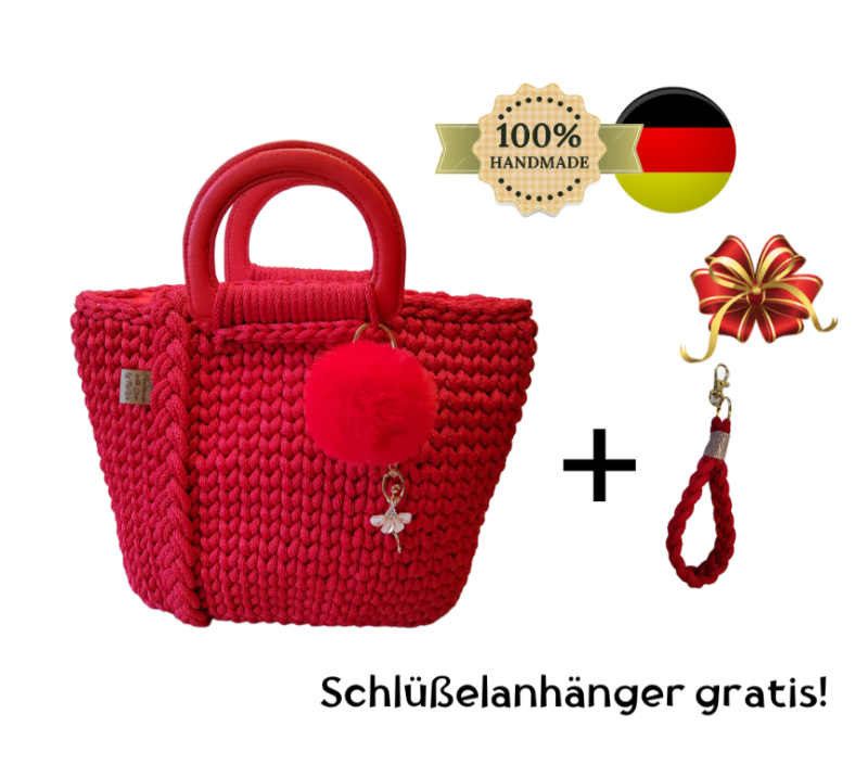  - Rote handgefertigte stylische gehäkelte Luxus Tasche mit Bommel, Schlüsselanhänger gratis