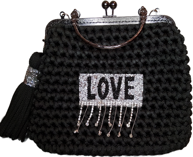  - handgefertigte gehäkelte Luxus Handtasche für Frauen, Love Tasche mit Strasssteinen und Quaste