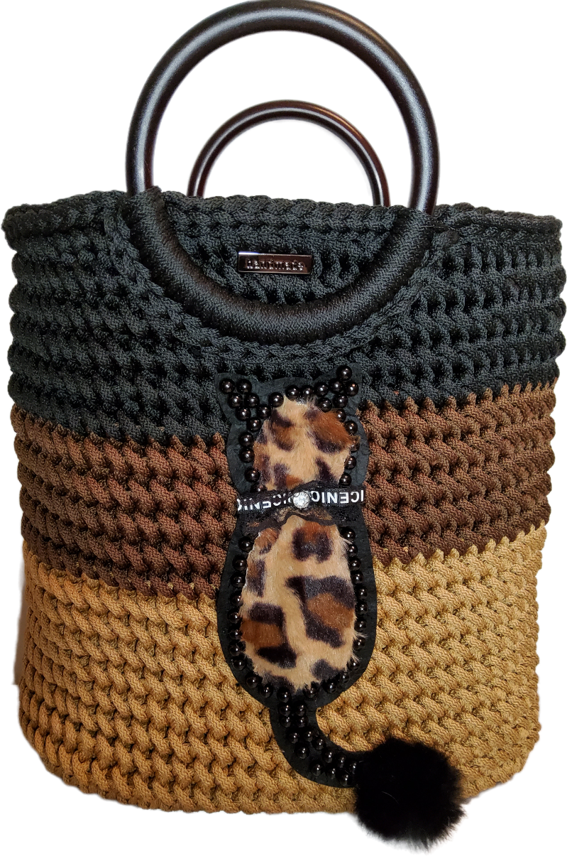  - handgefertigte gehäkelte Handtasche mit dreifarbiger Katze für Frauen