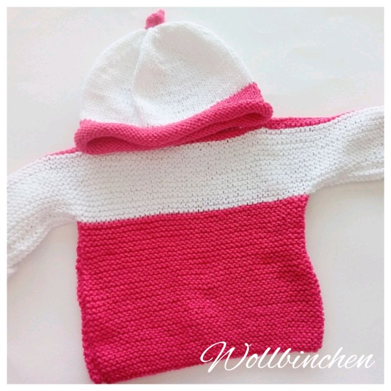  - Baby Set--Pullover & Mütze--Gr.: 68-74--Baumwolle--Pink/Weiß