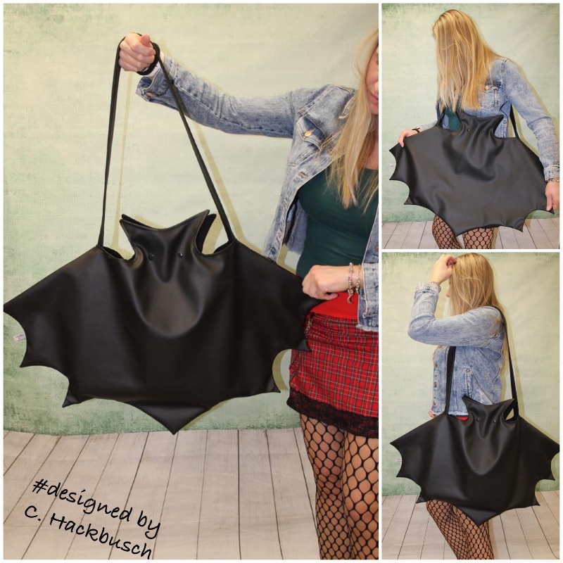  - Kunstleder Tasche XL Fledermaus groß schwarze Umhängetasche