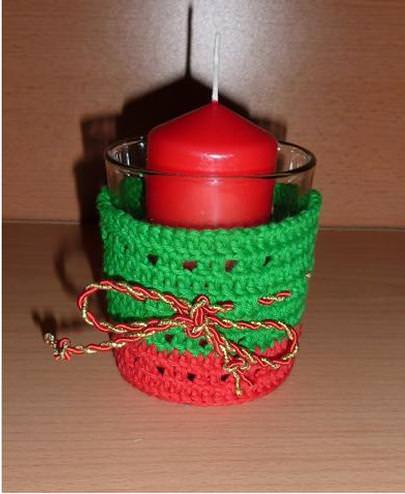  - Umhäkelter Kerzenhalter für Kerzen oder Teelichter - rot-grün