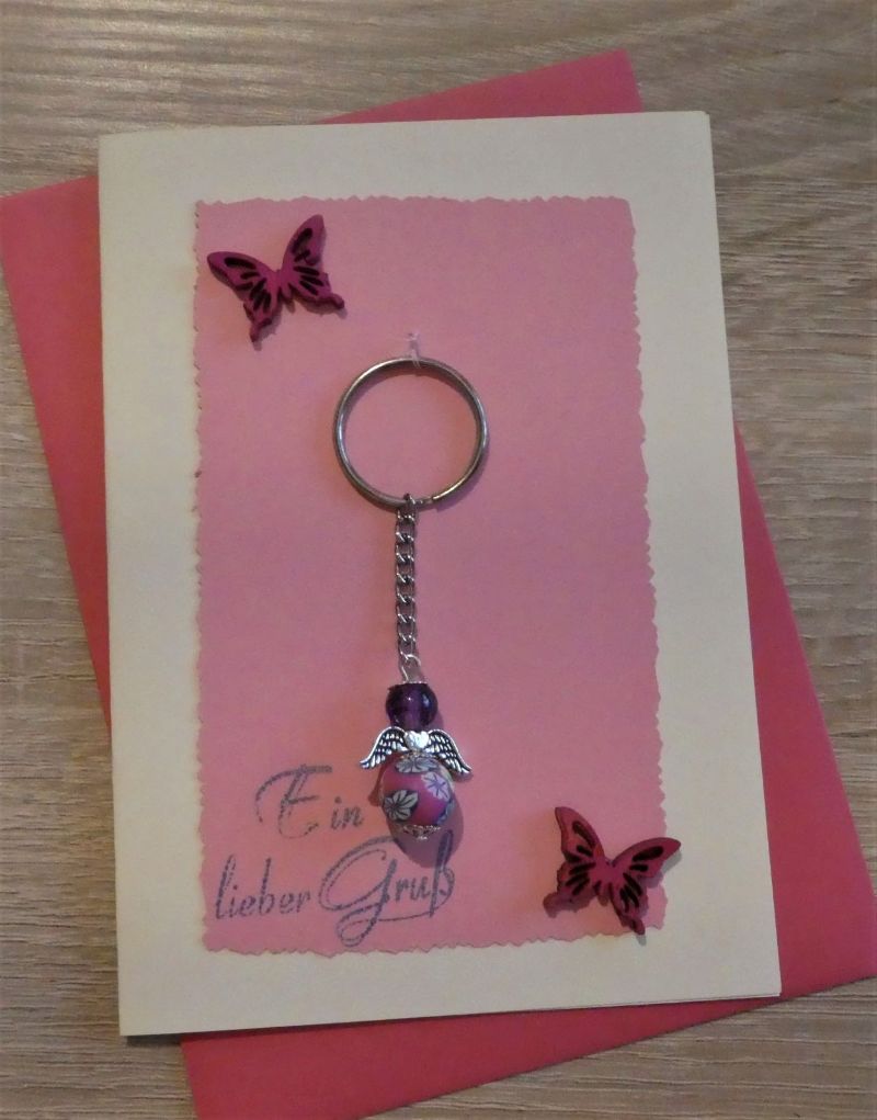  - Schlüsselanhänger Engel inkl. Grußkarte und Briefumschlag rosa/pink/cremeweiß)