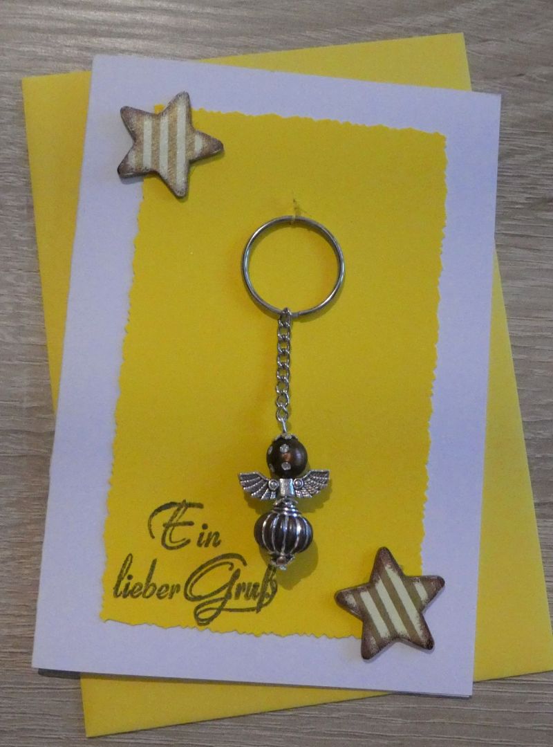  - Schlüsselanhänger Engel inkl. Grußkarte und Briefumschlag (gelb/weiß/braun)