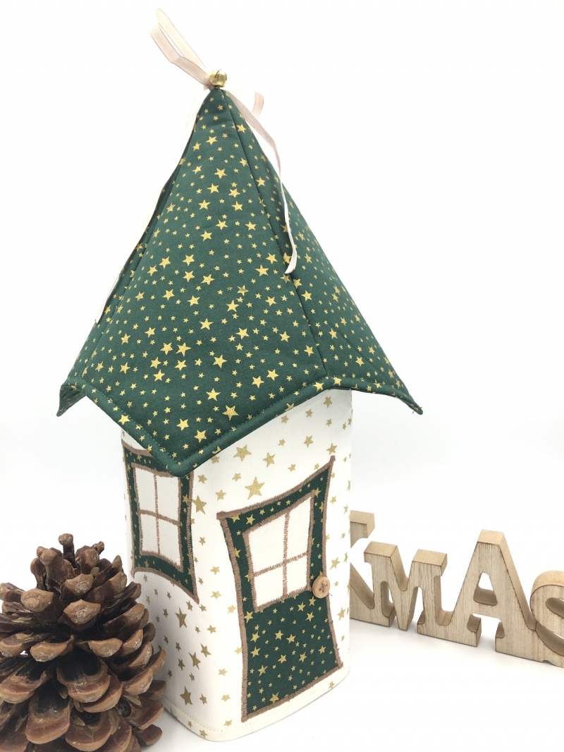  -  Lichthaus Bezug, ca. 34 cm,  Wichtelhäuschen,  Weihnachtshaus,  Weihnachtslampe,   Weihnachtsdeko, Fensterdeko, grün, gold